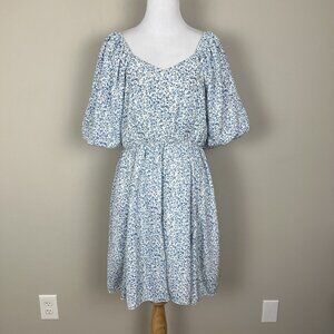 Mikarose Dress Womens Large Blue Floral Puff Sleeve‎ Milkmaid Smocked Pockets L